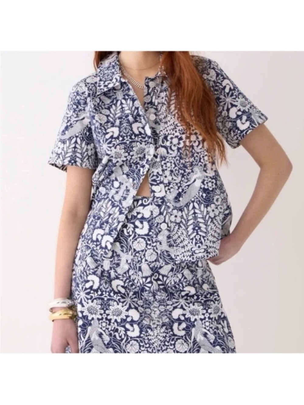 J.Crew Mermaid Floral Gamine Poplin Shirt Coastal Resort Chic Navy White Size 4